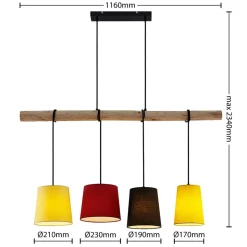 Lindby hængelampe Hinai, sort/rød/gul, tekstil, 116 cm