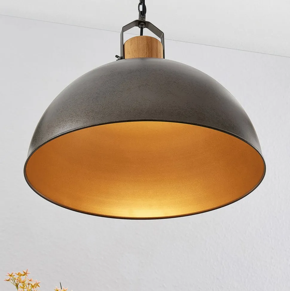 Lindby hængelampe Holgar, grøn, træ, metal, Ø 45 cm, E27