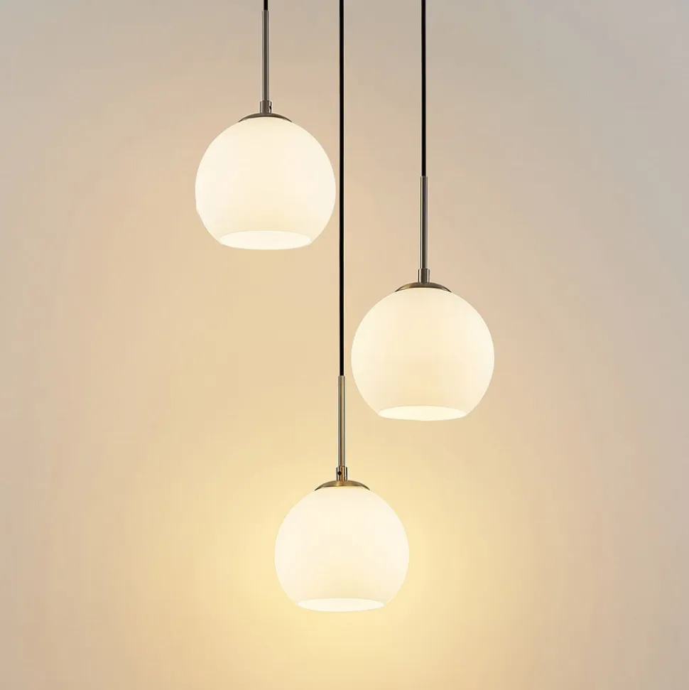 Lindby hængelampe Jurian, Ø 32 cm, 3 lyskilder, nikkel/opal, glas