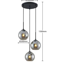 Lindby hængelampe Jurian, 32 cm, 3 lyskilder, sort/røget, glas
