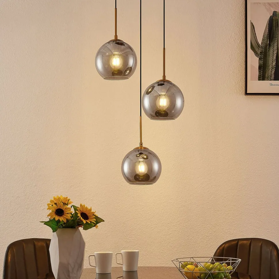 Lindby hængelampe Jurian, 32 cm, 3 lyskilder, bronze, røg, glas