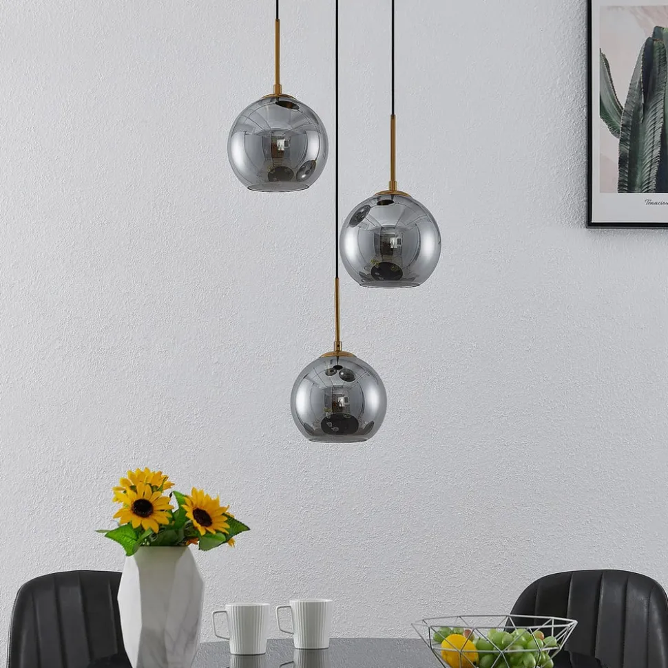 Lindby hængelampe Jurian, 32 cm, 3 lyskilder, bronze, røg, glas