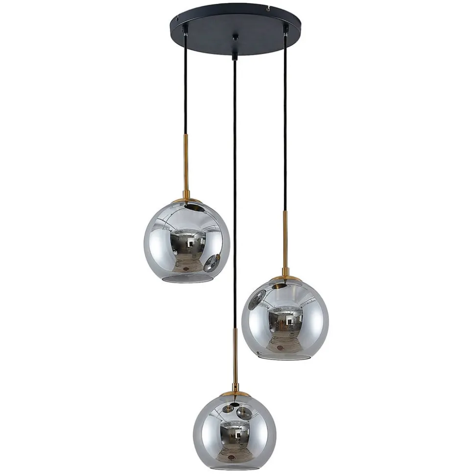 Lindby hængelampe Jurian, 32 cm, 3 lyskilder, bronze, røg, glas