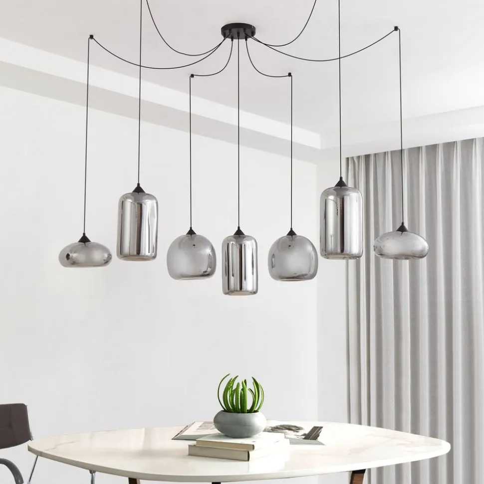 Lindby hængelampe Marla, 7 lyskilder, glas, røgfarvet grå, 128 cm