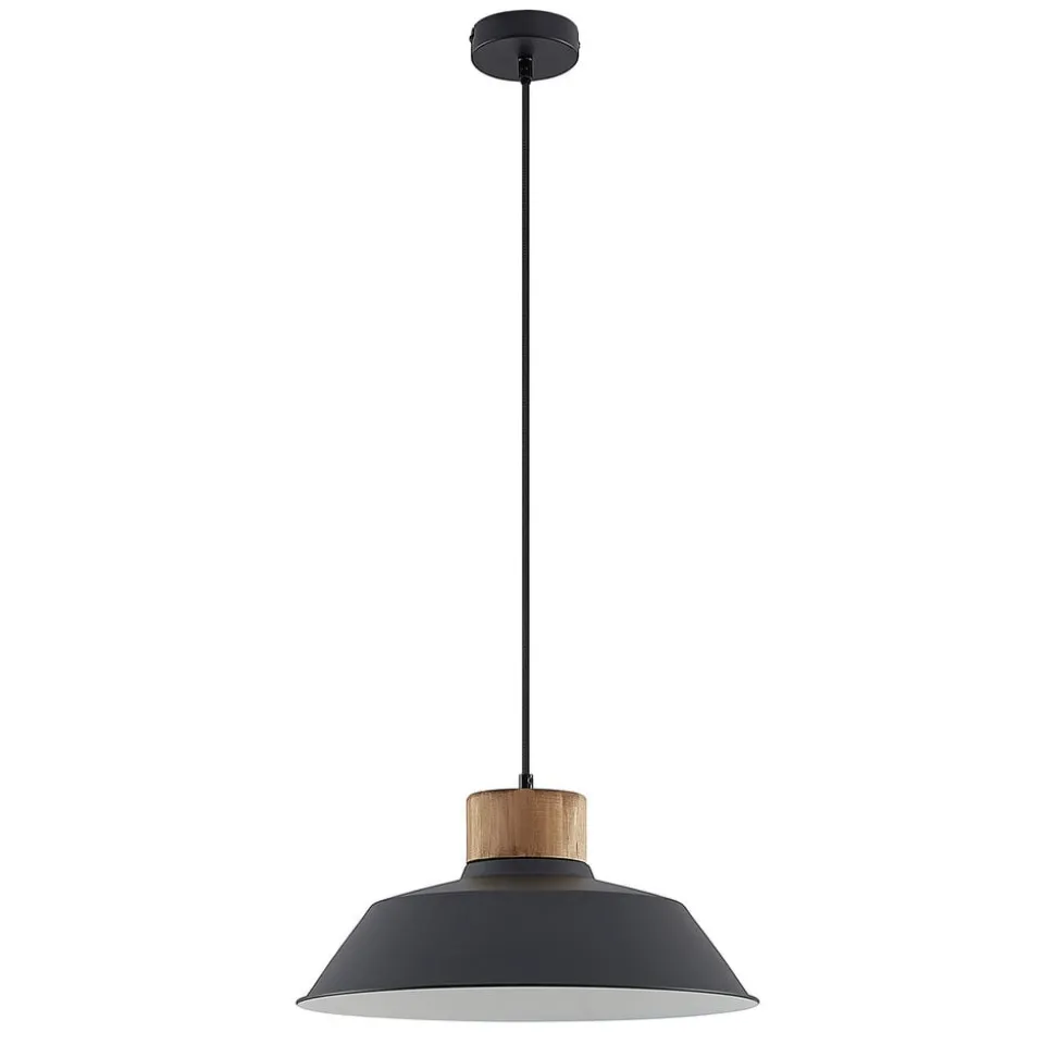 Lindby hængelampe Nefeli, Ø 42 cm, sort, træ, metal