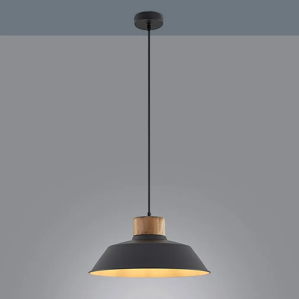 Lindby hængelampe Nefeli, Ø 42 cm, sort, træ, metal