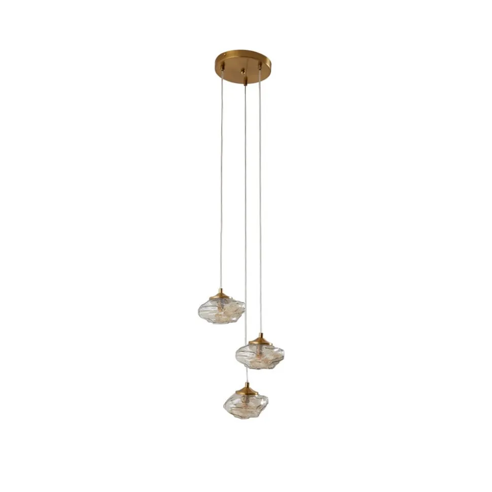 Lindby hængelampe Piatra, Ø25cm, 3 lyskilder, cognac/messing, glas