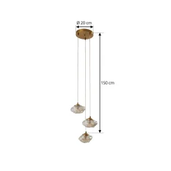 Lindby hængelampe Piatra, Ø25cm, 3 lyskilder, cognac/messing, glas