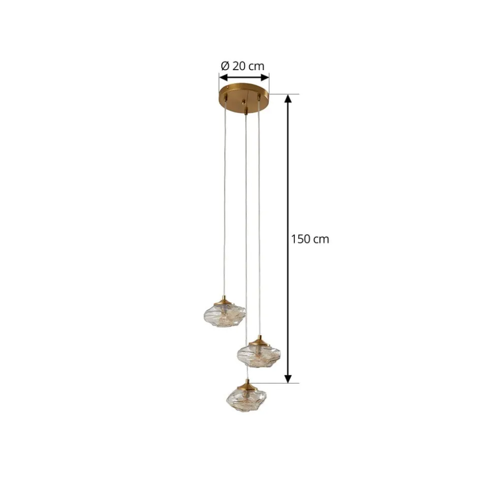 Lindby hængelampe Piatra, Ø25cm, 3 lyskilder, cognac/messing, glas