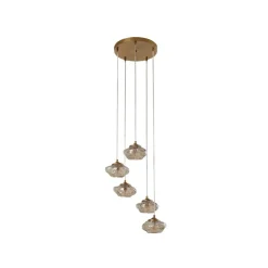 Lindby hængelampe Piatra, Ø45cm, 5 lyskilder, cognac/messing, glas