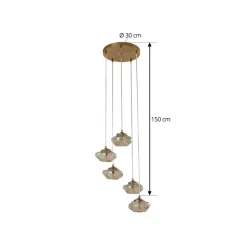 Lindby hængelampe Piatra, Ø45cm, 5 lyskilder, cognac/messing, glas