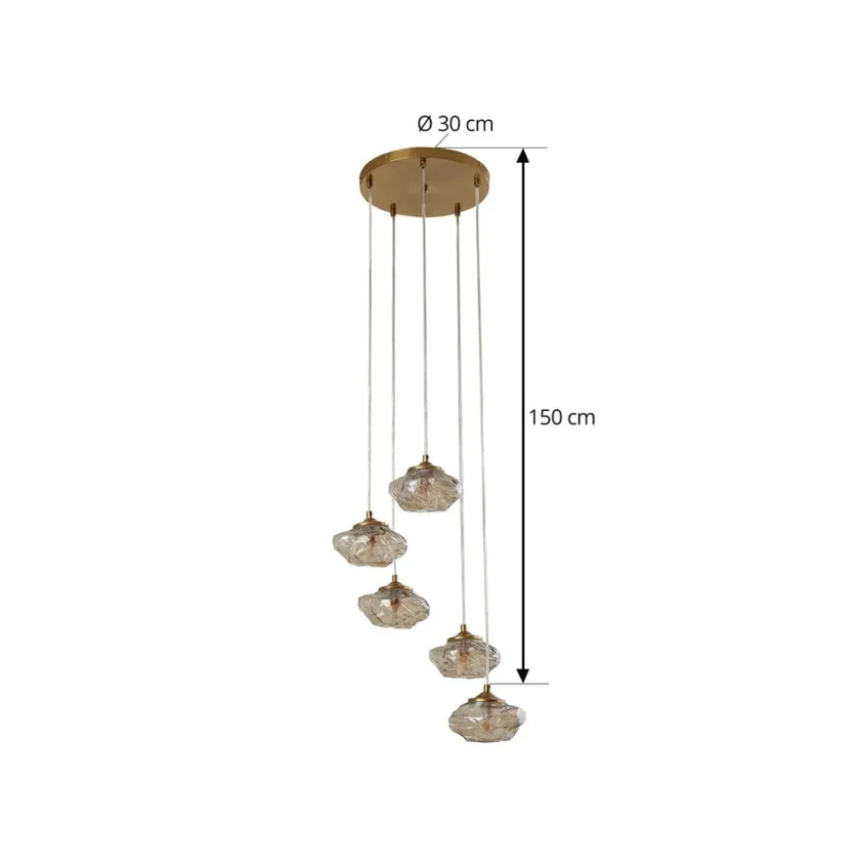 Lindby hængelampe Piatra, Ø45cm, 5 lyskilder, cognac/messing, glas