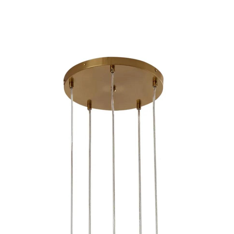 Lindby hængelampe Piatra, Ø45cm, 5 lyskilder, cognac/messing, glas