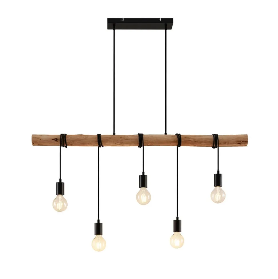 Lindby hængelampe Rom, 5 lyskilder, træ, reb, sort, 116 cm