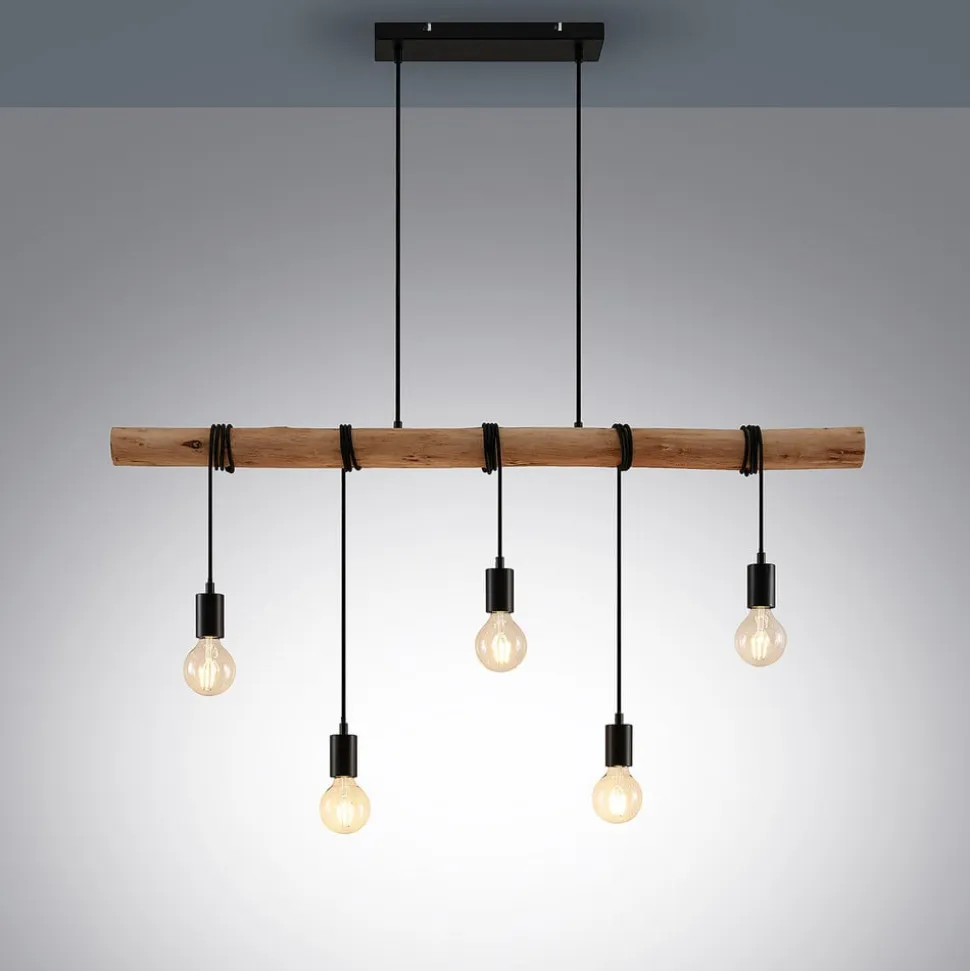 Lindby hængelampe Rom, 5 lyskilder, træ, reb, sort, 116 cm
