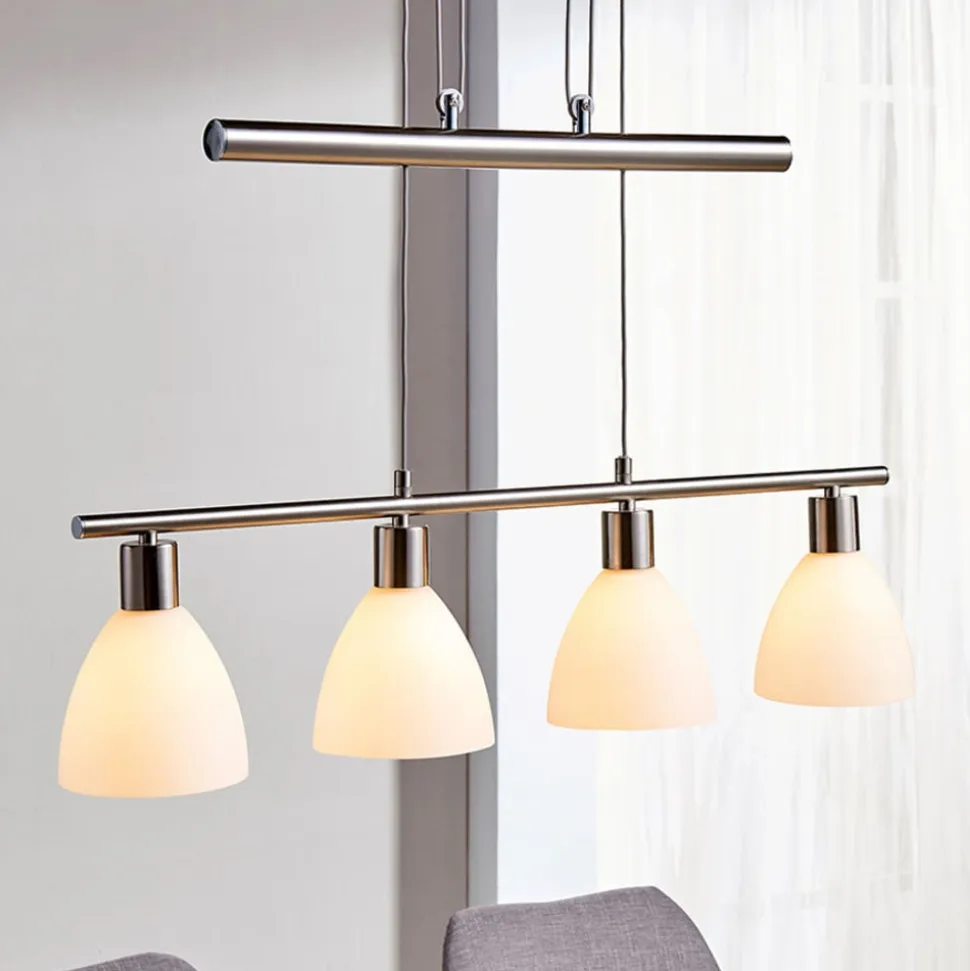Lindby hængelampe Simeon, nikkelfarvet, glas, 73 cm, E14