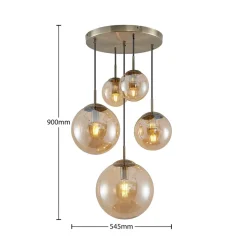 Lindby hængelampe Teeja, amber, 5 lyskilder, Ø50cm, glas, E27