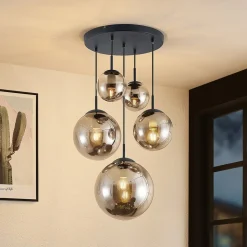 Lindby hængelampe Teeja, smoke, 5 lyskilder, Ø50cm, glas, E27