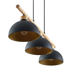 Lindby hængelampe Tirzana, 3 lyskilder, sort, metal, træ