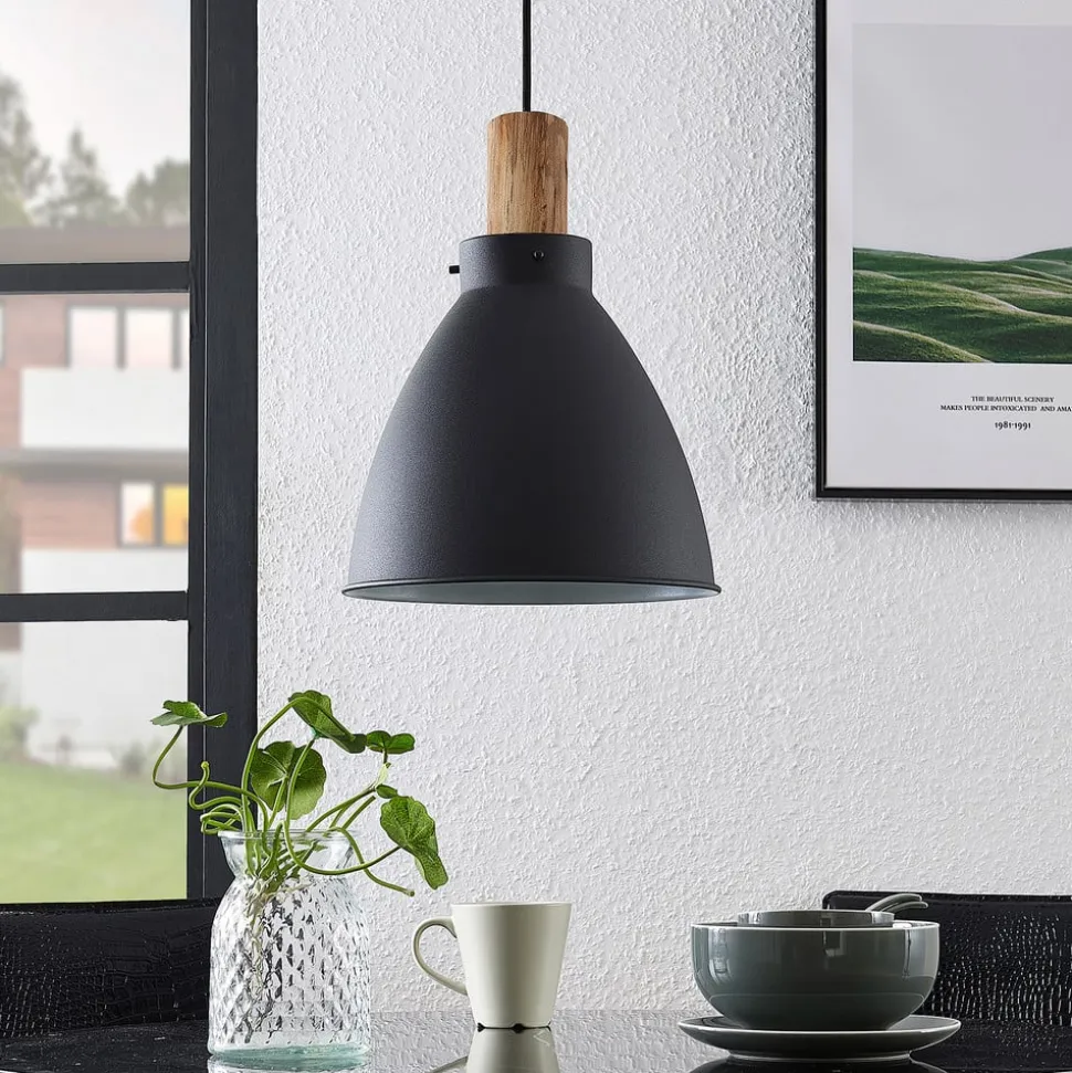 Lindby hængelampe Trebale, E27, Ø 28 cm, sort, træ