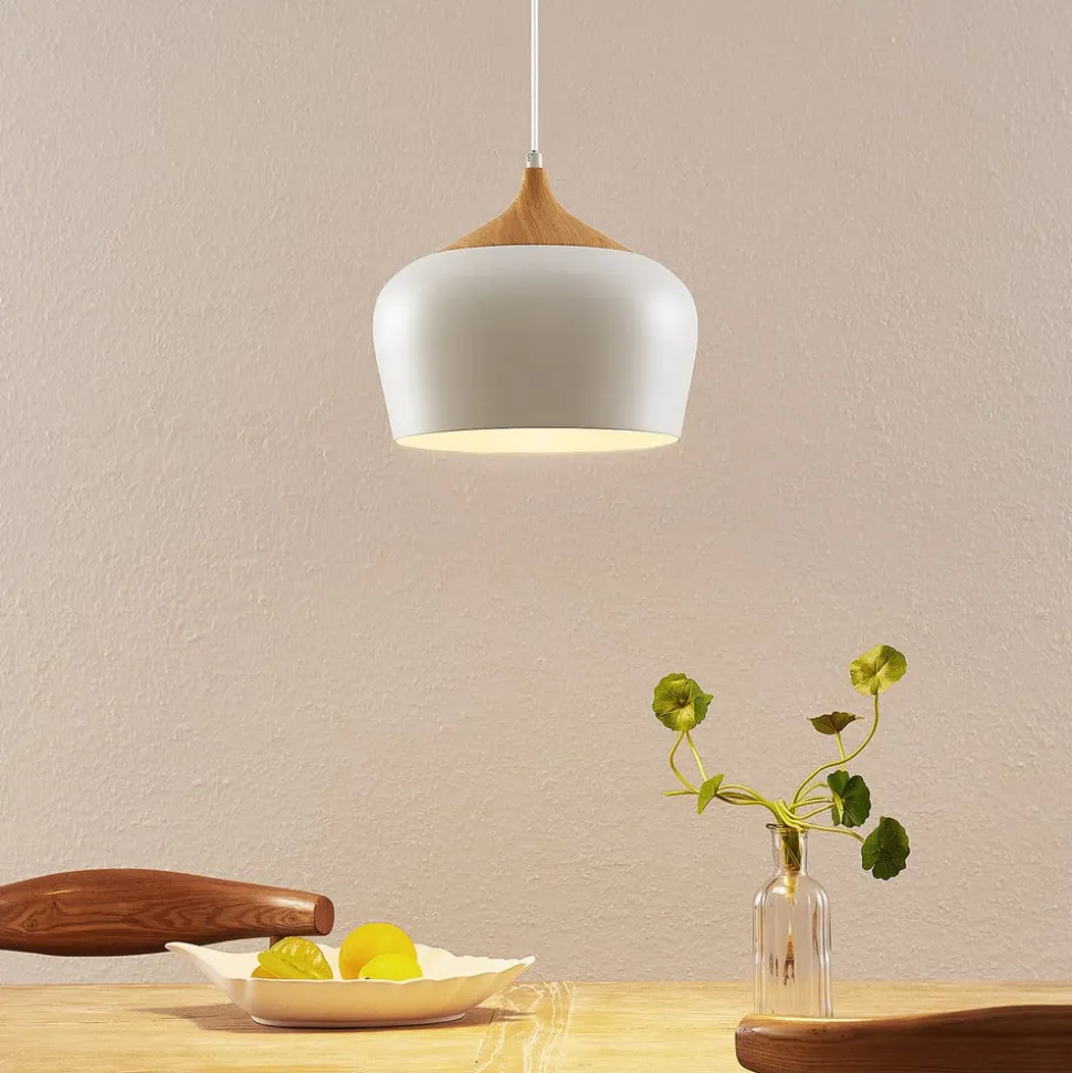 Lindby hængelampe Vilsera, hvid, metal/træ, 26 cm, E27