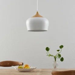 Lindby hængelampe Vilsera, hvid, metal/træ, 26 cm, E27