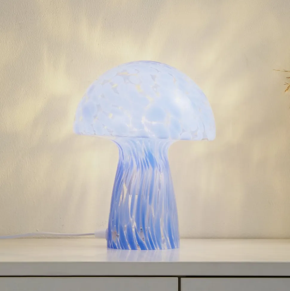 Lindby Hubi bordlampe, blå, glas, Ø 22 cm, svampeform
