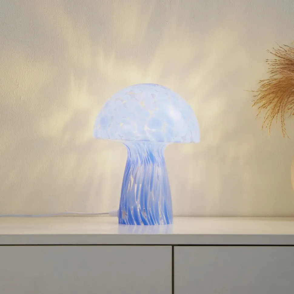 Lindby Hubi bordlampe, blå, glas, Ø 22 cm, svampeform