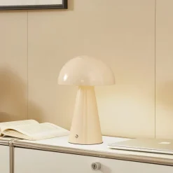 Lindby LED genopladelig bordlampe Nevijo, beige, Ø20cm, USB, dæmper