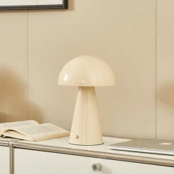Lindby LED genopladelig bordlampe Nevijo, beige, Ø20cm, USB, dæmper