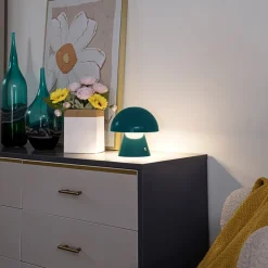 Lindby LED genopladelig bordlampe Nevijo, petrol, Ø18cm, USB, dæmper