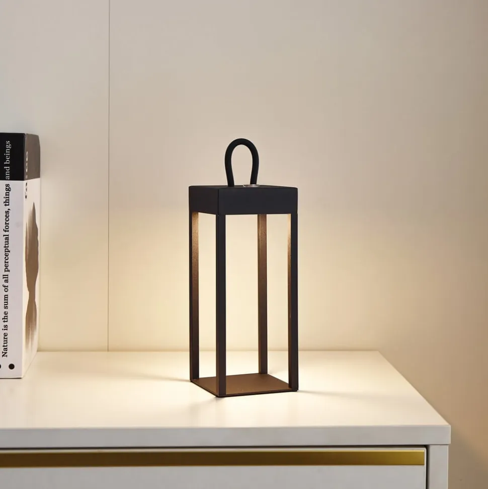 Lindby LED genopladelig bordlampe Iruna, sort, metal, 27 cm, dæmpbar.