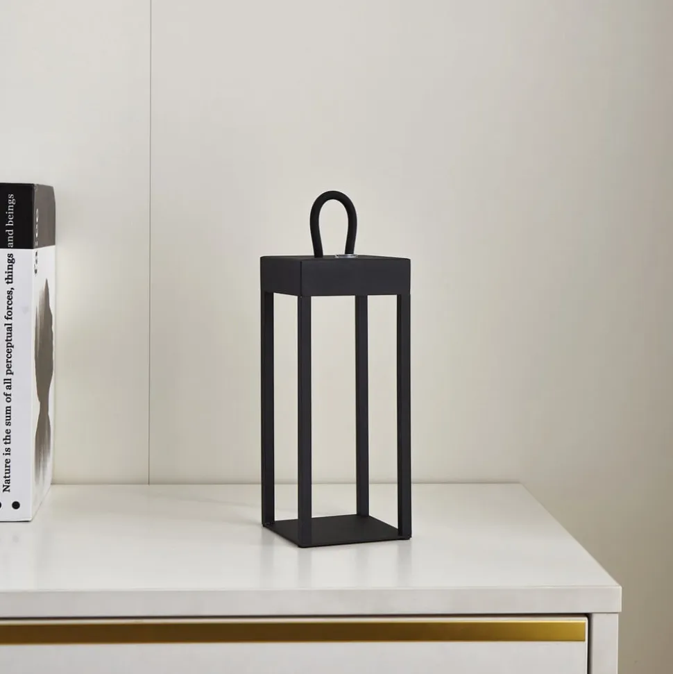 Lindby LED genopladelig bordlampe Iruna, sort, metal, 27 cm, dæmpbar.