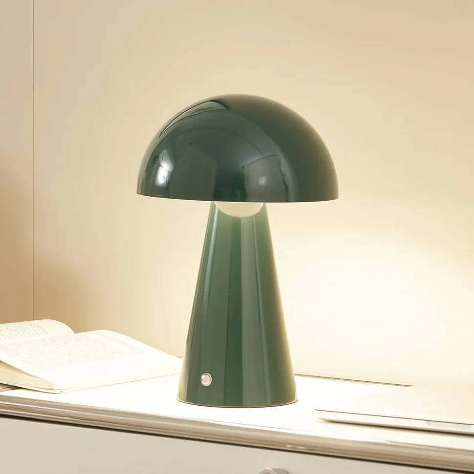 Lindby LED genopladelig bordlampe Nevijo, grøn, Ø20 cm, USB, dæmper