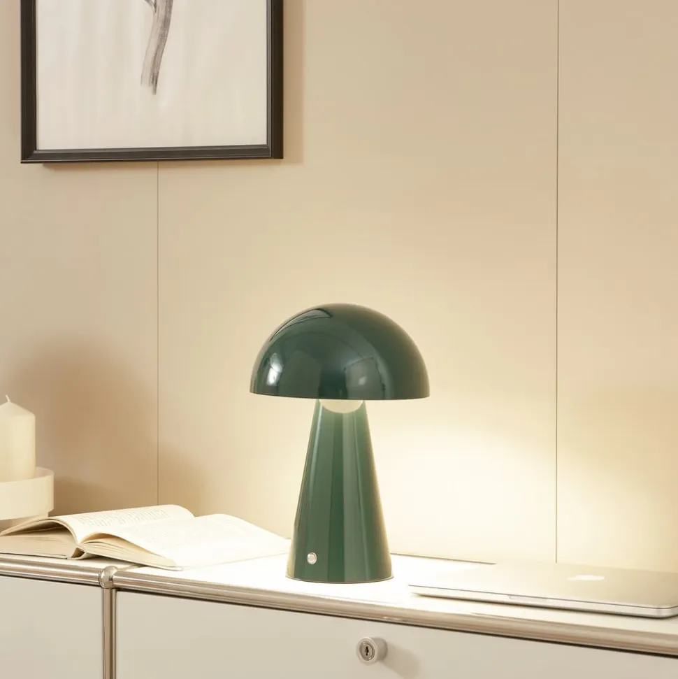 Lindby LED genopladelig bordlampe Nevijo, grøn, Ø20 cm, USB, dæmper