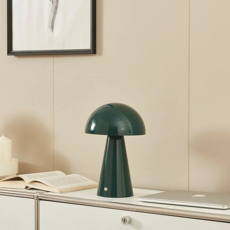 Lindby LED genopladelig bordlampe Nevijo, grøn, Ø20 cm, USB, dæmper