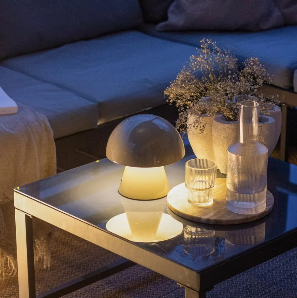 Lindby LED genopladelig bordlampe Nevijo, grå, Ø18cm, USB, dæmper
