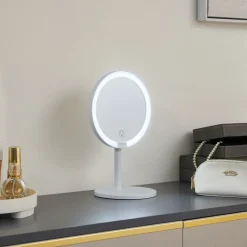 Lindby LED genopladeligt spejl Renki, hvid, plast, dæmpbar
