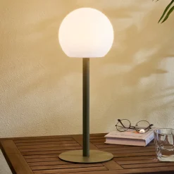 Lindby LED udendørs bordlampe Eleia, grøn, metal, genopladeligt batteri