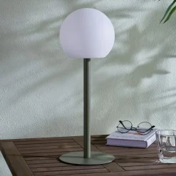 Lindby LED udendørs bordlampe Eleia, grøn, metal, genopladeligt batteri