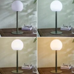 Lindby LED udendørs bordlampe Eleia, grøn, metal, genopladeligt batteri