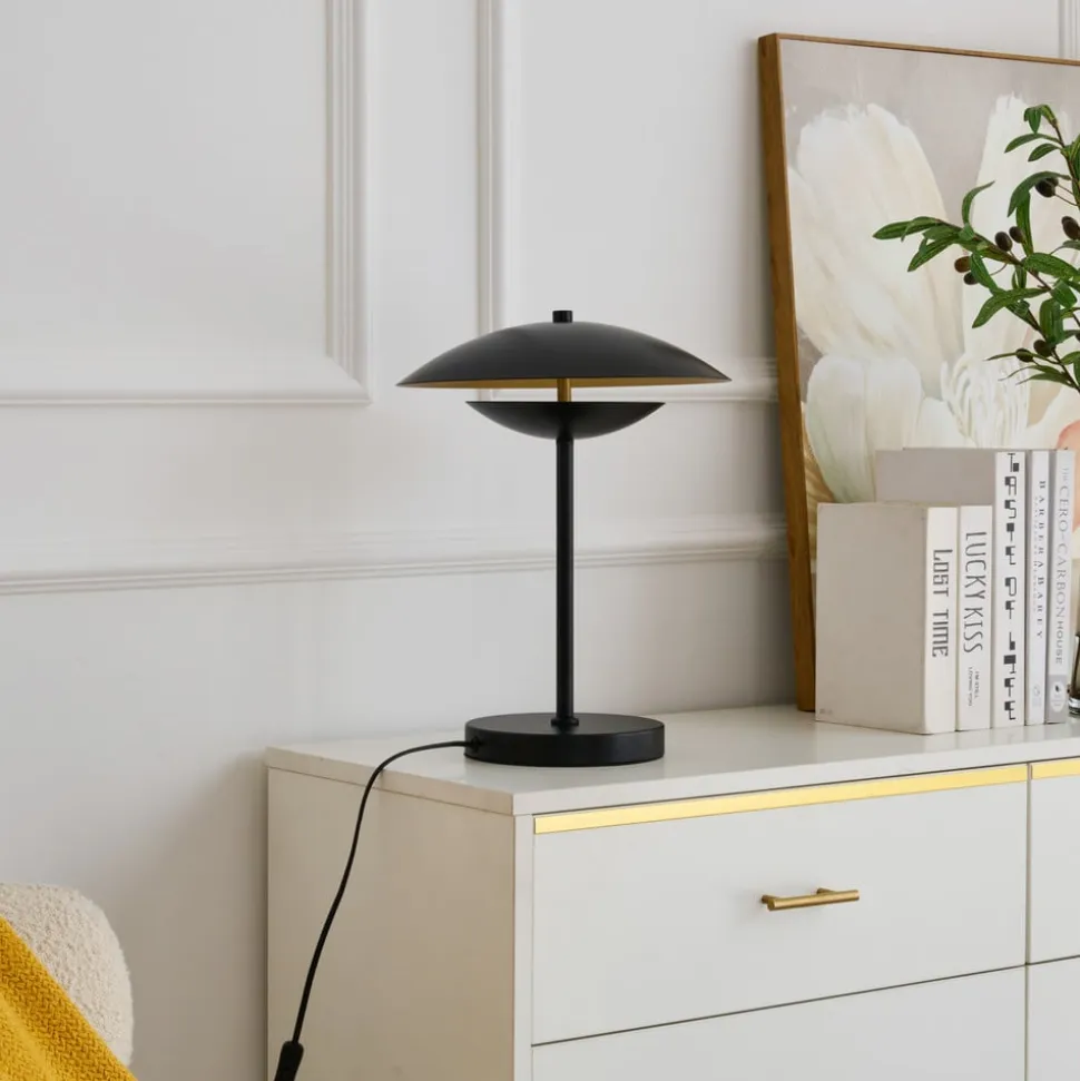 Lindby LED-bordlampe Tiama, metal, sort/guld, Ø 30 cm