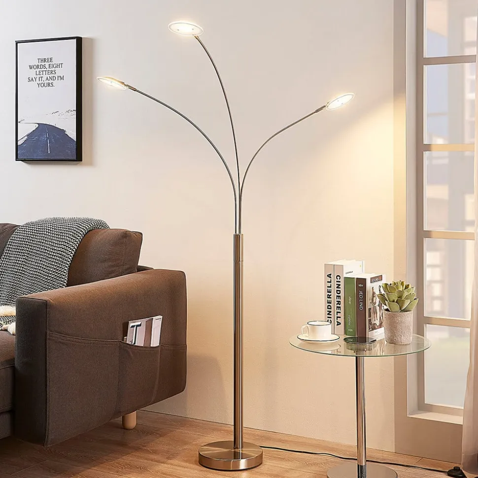 Lindby LED-gulvlampe Anea, 168 cm, 3 lyskilder, nikkelfarvet