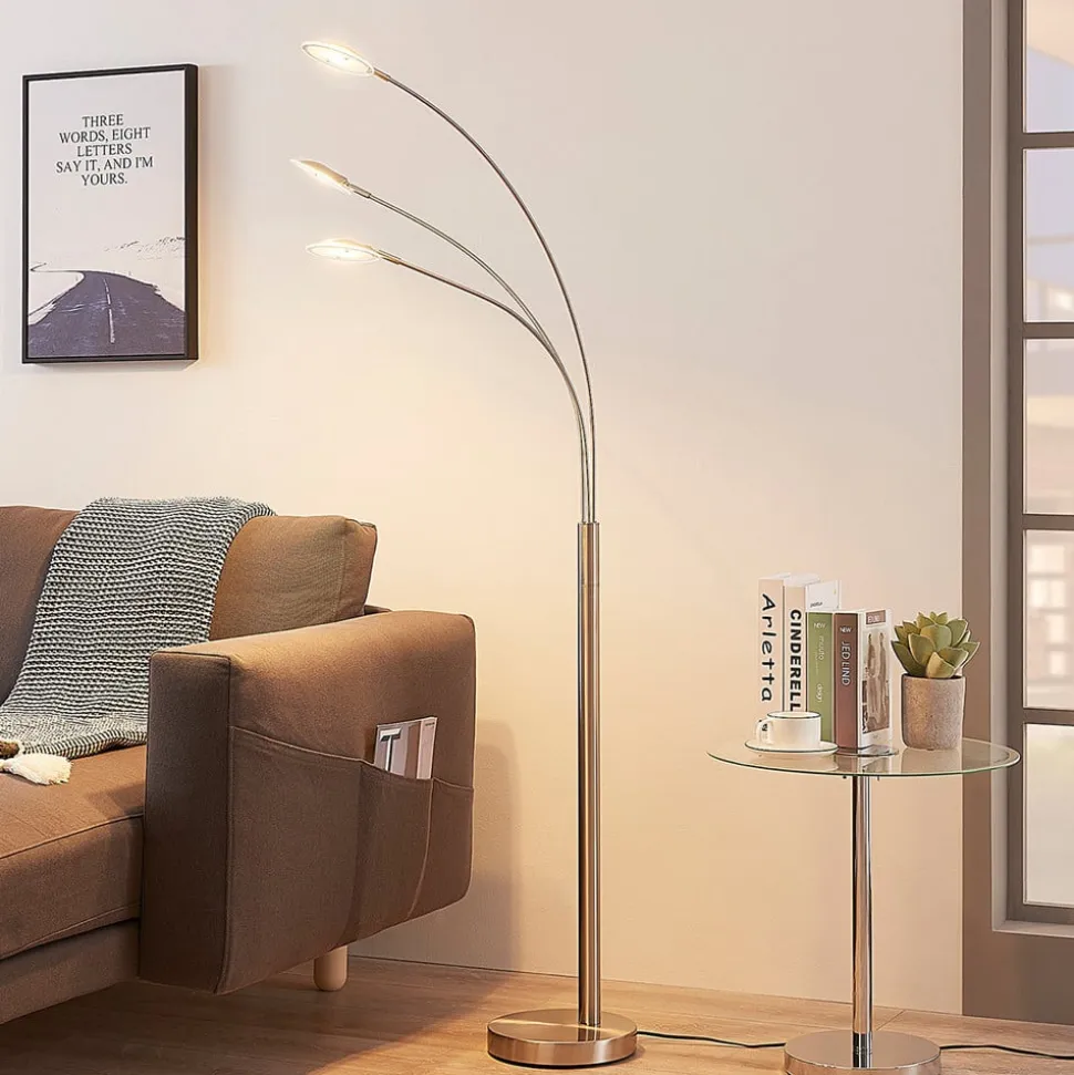 Lindby LED-gulvlampe Anea, 168 cm, 3 lyskilder, nikkelfarvet