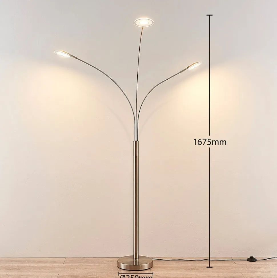 Lindby LED-gulvlampe Anea, 168 cm, 3 lyskilder, nikkelfarvet