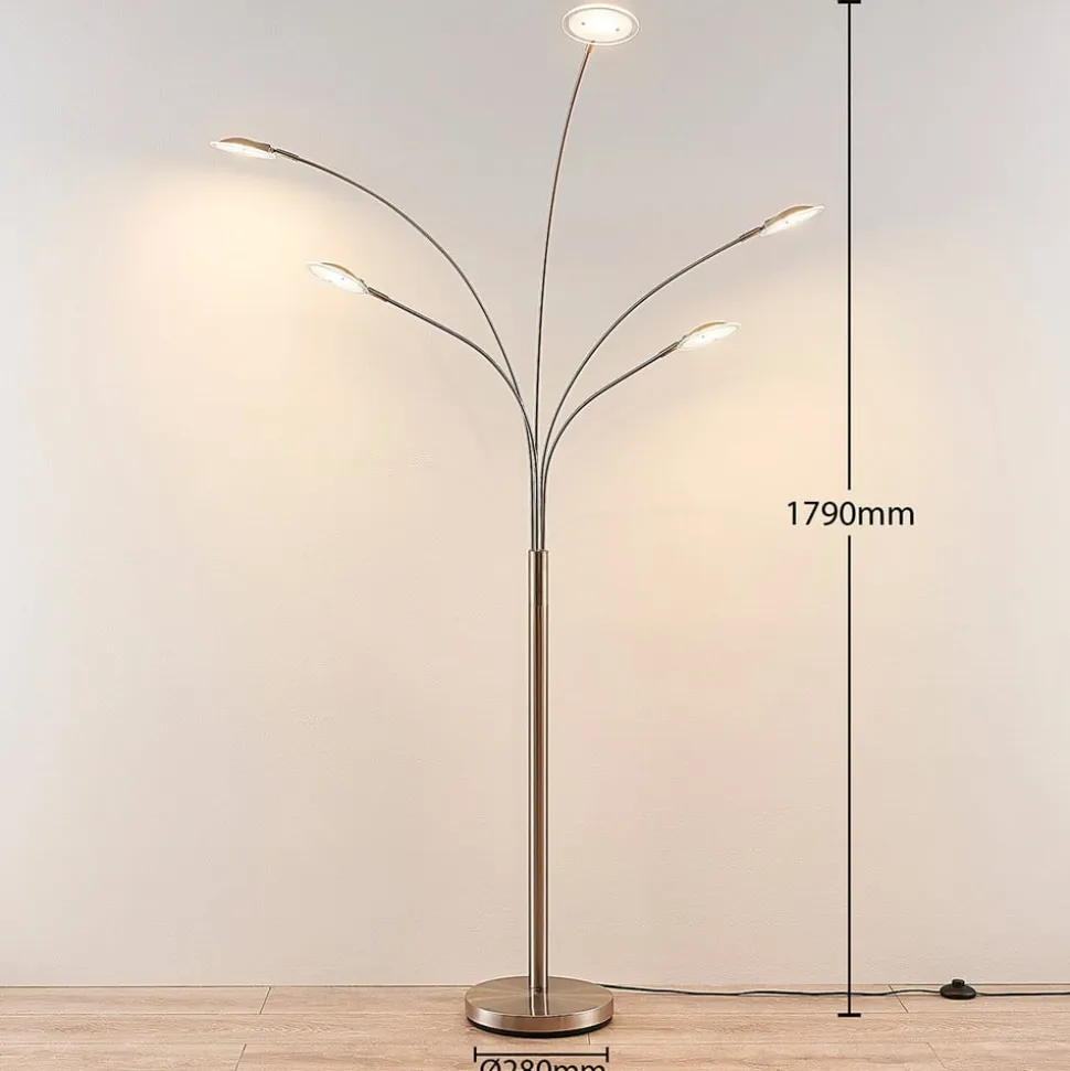 Lindby LED-gulvlampe Anea, 179 cm, 5 lyskilder, nikkelfarvet
