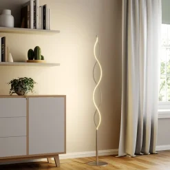 Lindby LED-gulvlampe Auron, nikkelfarvet, metal, touchdæmper