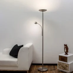 Lindby LED-gulvlampe Malea, nikkel, læselampe, dæmpbar
