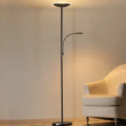 Lindby LED-gulvlampe Malea, nikkel, læselampe, dæmpbar