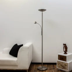Lindby LED-gulvlampe Malea, nikkel, læselampe, dæmpbar